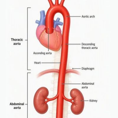 Illustration of the parts of the aorta, including the thoracic aortic (top) and abdominal aorta (bottom)