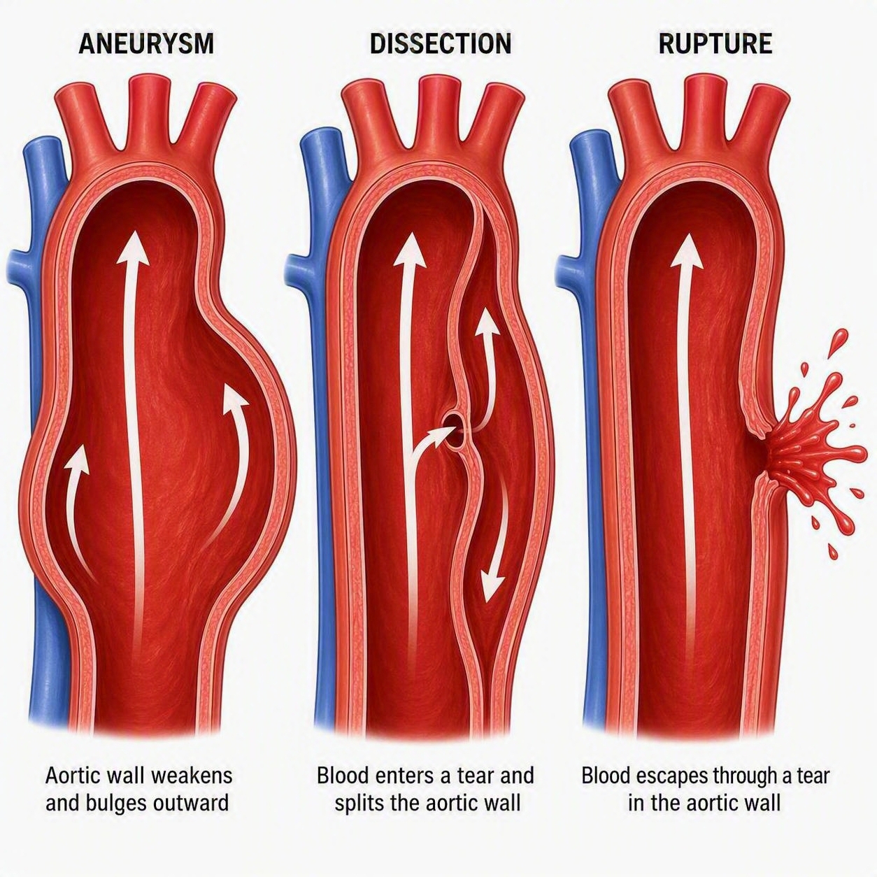 Illustration of an aortic aneurysm, aortic dissection and aortic rupture