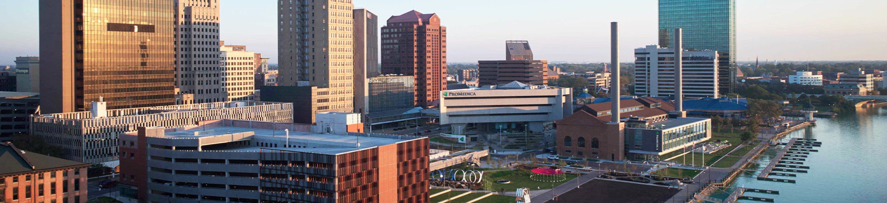 Aerial view of ProMedica Hospital in downtown Toledo, OH.