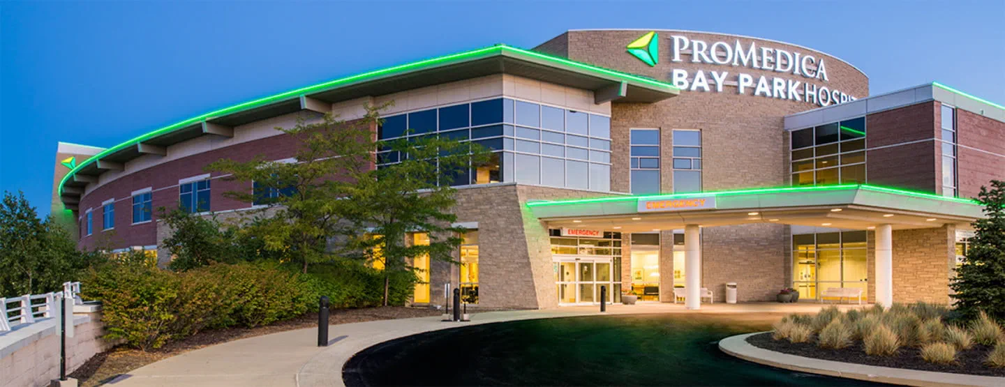 Exterior view of the entrance to ProMedica Bay Park Hospital