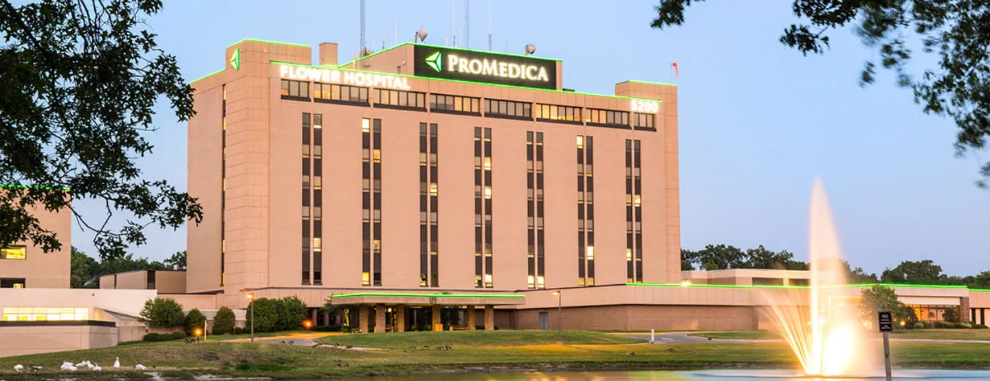 Exterior view of the entrance to ProMedica Flower Hosptial