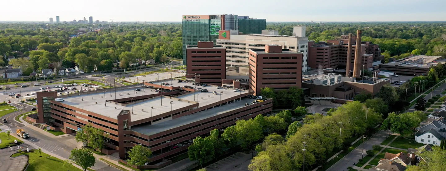 Exterior aerial view of the ProMedica Toledo Hospital 