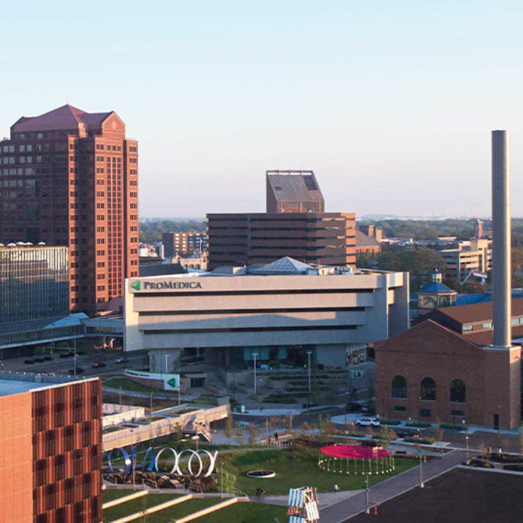 Aerial view of the ProMedica Toledo Hospital in Downtown Toledo.
