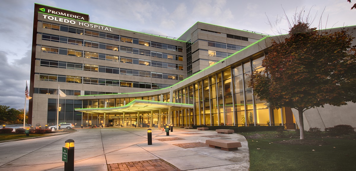 An exterior view of the ProMedica Toledo Hospital entrance.